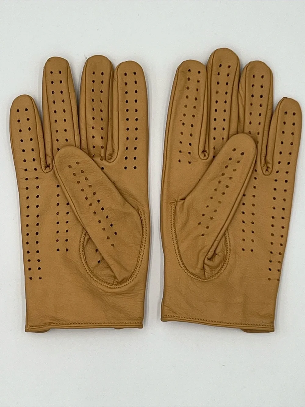 Tan Leather Gloves Full Finger Retro Moto Driving Style Snap Wrist Unisex Medium